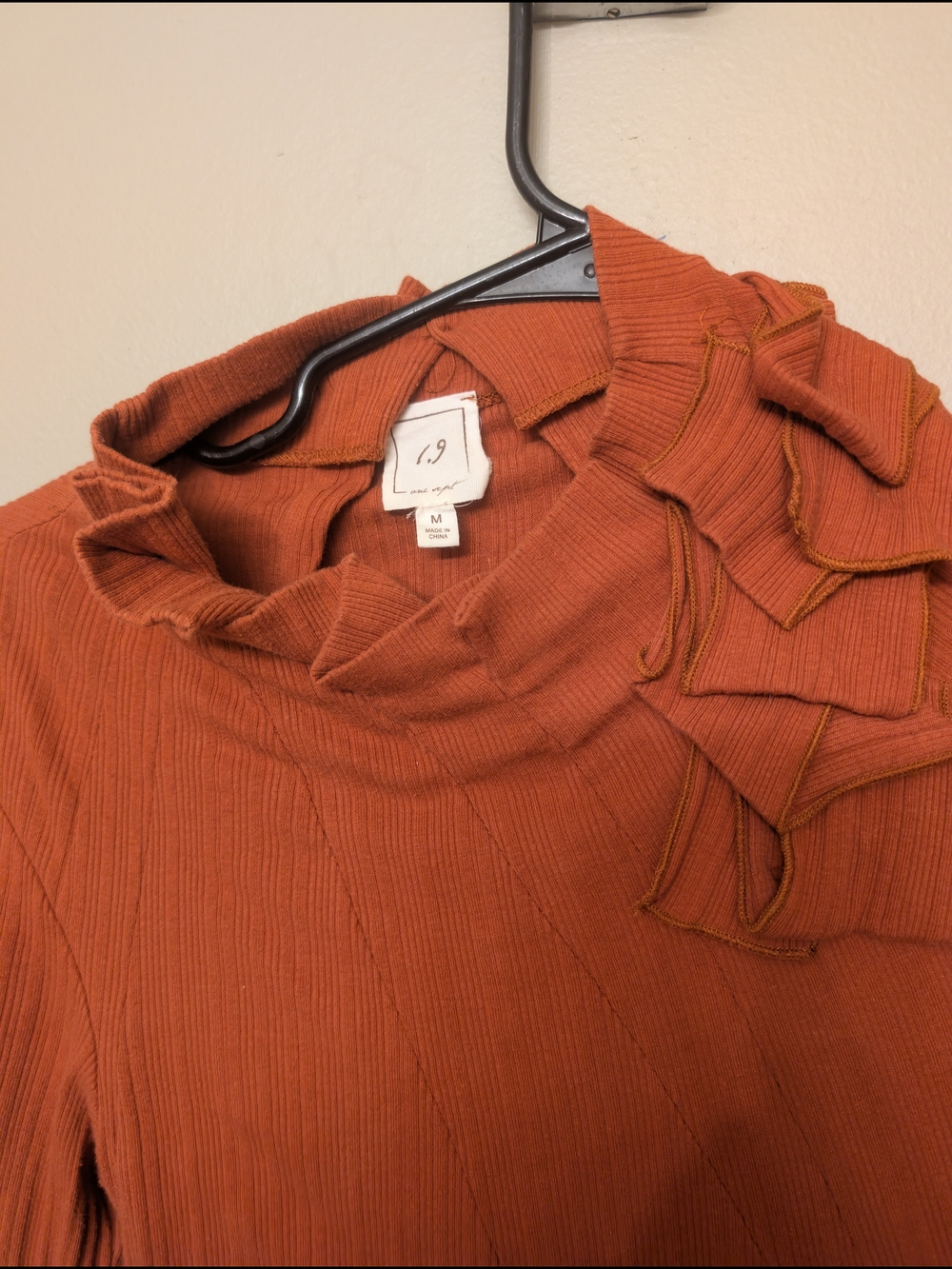 Anthropology Rust Ribbed Ruffle Neck Top - Picture 3 of 4
